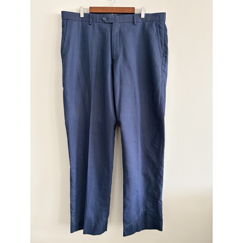 Stacy Adams Dress Pants Mens 40x32 Blue Linen Blend Flat Front
